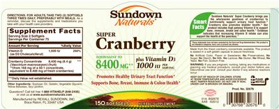Photo of the Sundown Naturals Super Cranberry Plus Vitamin D3 label