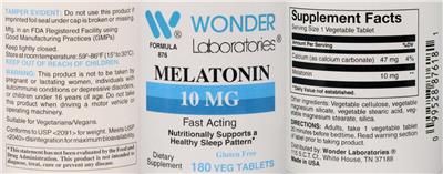 Photo of the Wonder Laboratories Melatonin 10 mg label