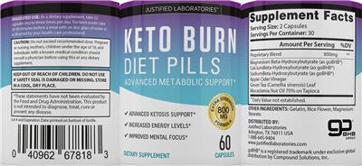 Photo of the Justified Laboratories Keto Burn Diet Pills label