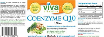 Photo of the Viva Vitamins Coenzyme Q10 100 mg label