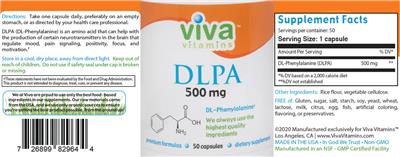 Photo of the Viva Vitamins DLPA 500 mg label