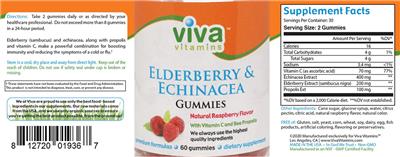 Photo of the Viva Vitamins Elderberry & Echinacea Gummies Natural Raspberry Flavor label