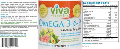 Photo of the Viva Vitamins Omega 3-6-9 label