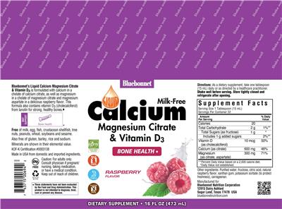 Photo of the Bluebonnet Liquid Calcium Magnesium Citrate & Vitamin D3 Raspberry Flavor label