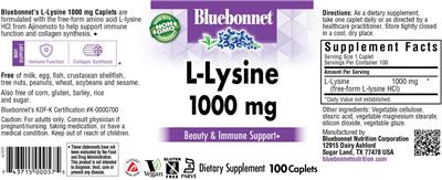 Photo of the Bluebonnet L-Lysine 1000 mg label