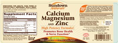 Photo of the Sundown Naturals Calcium Magnesium And Zinc label