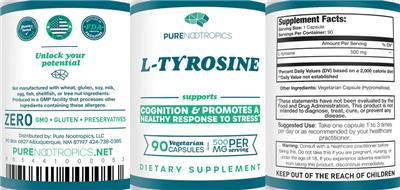 Photo of the Pure Nootropics L-Tyrosine 500 mg label
