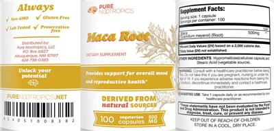 Photo of the Pure Nootropics Maca Root 500 mg label