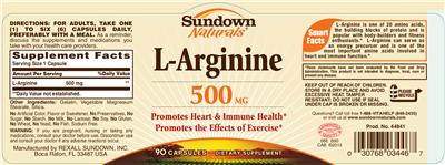 Photo of the Sundown Naturals L-Arginine 500 mg label