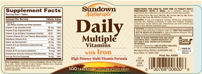 Photo of the Sundown Naturals Daily Multiple Vitamins With Iron label