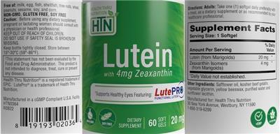 Photo of the Health Thru Nutrition Lutein 20 mg with 4mg Zeaxanthin label
