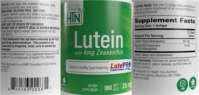 Photo of the Health Thru Nutrition Lutein 20 mg with 4mg Zeaxanthin label