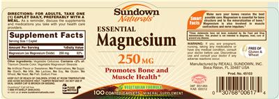 Photo of the Sundown Naturals Essential Magnesium 250 mg label