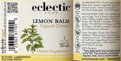 Photo of the Eclectic Herb Kids Lemon Balm label