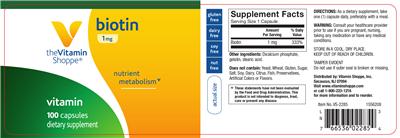 Photo of the The Vitamin Shoppe Biotin 1 mg label