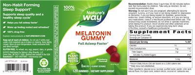 Photo of the Nature's Way Melatonin Gummy 5 mg Strawberry Flavored label
