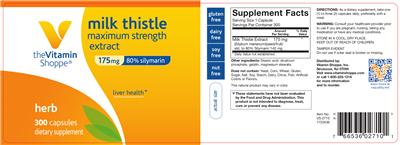 Photo of the The Vitamin Shoppe Milk Thistle Maximum Strength Extract 175 mg label