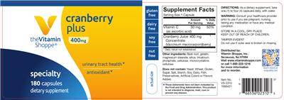 Photo of the The Vitamin Shoppe Cranberry Plus 400 mg label