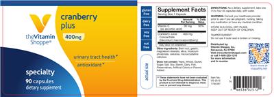 Photo of the The Vitamin Shoppe Cranberry Plus 400 mg label