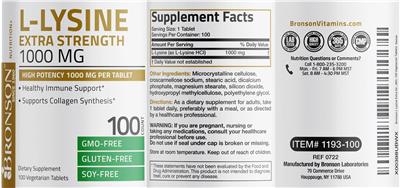Photo of the Bronson L-Lysine Extra Strength 1000 mg label