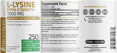 Photo of the Bronson L-Lysine Extra Strength 1000 mg label