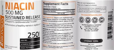 Photo of the Bronson Niacin 500 mg Sustained Release label