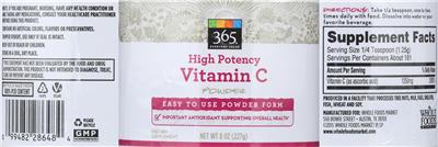 Photo of the 365 Everyday Value High Potency Vitamin C Powder label