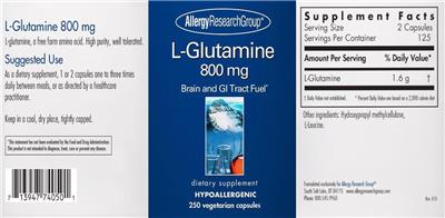 Photo of the Allergy Research Group L-Glutamine 800 mg label