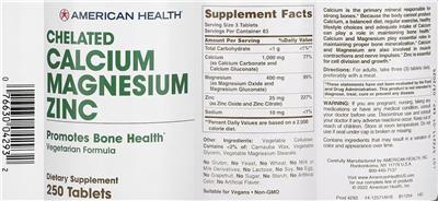 Photo of the American Health Chelated Calcium Magnesium Zinc label