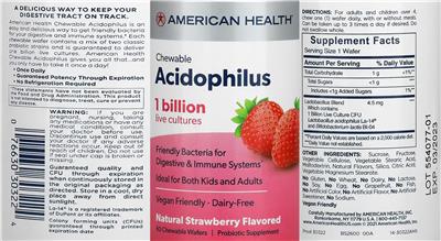 Product label for Chewable Acidophilus Natural Strawberry Flavored