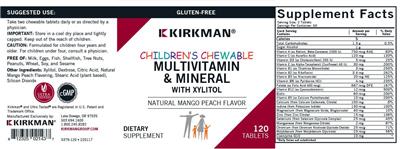 Photo of the Kirkman Children's Chewable Multivitamin & Mineral with Xylitol Natural Mango Peach Flavor label