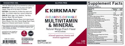 Photo of the Kirkman Children's Chewable Multivitamin & Mineral Natural Mango Peach Flavor with Sucralose label