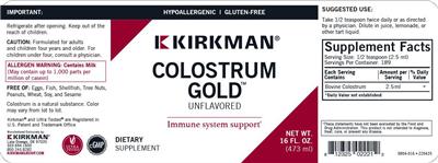 Photo of the Kirkman Colostrum Gold Unflavored label