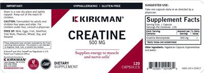 Photo of the Kirkman Creatine 500 mg label