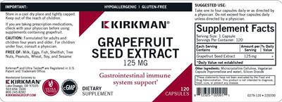 Photo of the Kirkman Grapefruit Seed Extract 125 mg label