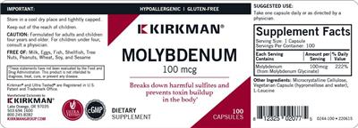 Photo of the Kirkman Molybdenum 100 mcg label