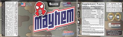 Photo of the Millecor Mayhem Energy Red, White, & Blue Raspberry label
