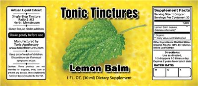 Photo of the Tonic Tinctures Lemon Balm label