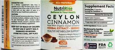 Photo of the NutriRise Ceylon Cinnamon 1800 mg label