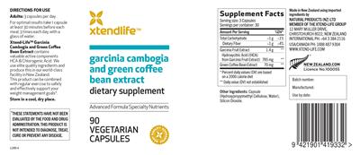 Photo of the Xtendlife Garcinia Cambogia and Green Coffee Bean Extract label
