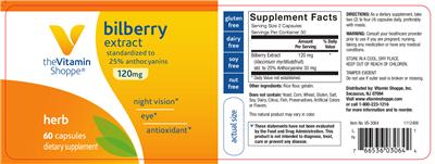 Photo of the The Vitamin Shoppe Bilberry Extract 120 mg label