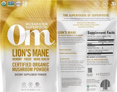 Photo of the Om Mushroom Superfood Lion's Mane Powder label