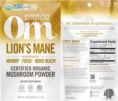 Photo of the Om Mushroom Superfood Lion's Mane Powder label