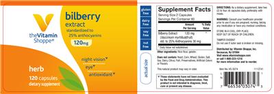 Photo of the The Vitamin Shoppe Bilberry Extract 120 mg label