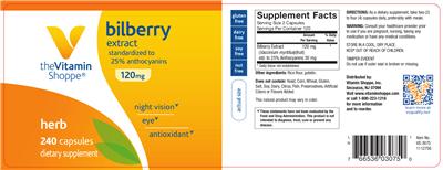 Photo of the The Vitamin Shoppe Bilberry Extract 120 mg label