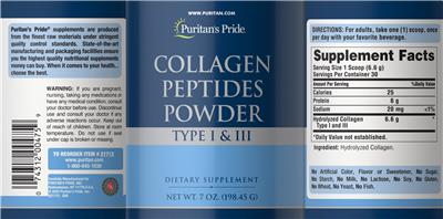 Product label for Collagen Peptides Powder Type I & III