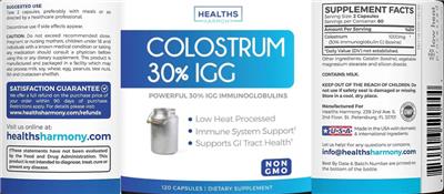 Photo of the Healths Harmony Colostrum 30% IGG label