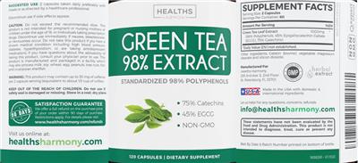 Photo of the Healths Harmony Green Tea 98% Extract label