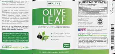 Photo of the Healths Harmony Olive Leaf 750 mg label