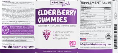Photo of the Healths Harmony Kids Elderberry Gummies Raspberry Flavor label